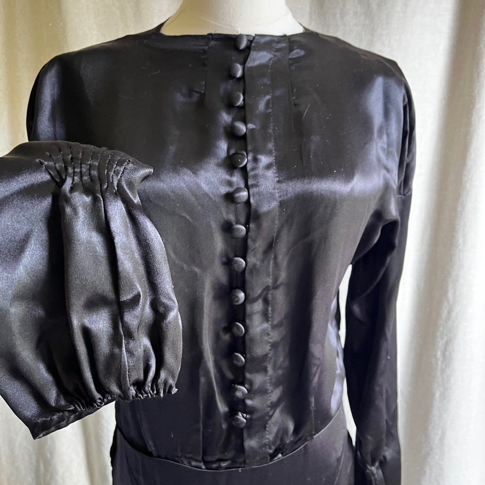 Antique 1910s Black Silk Satin Dress Edwardian Puff Sleeve Button Front Gown S/M - Picture 2 of 9